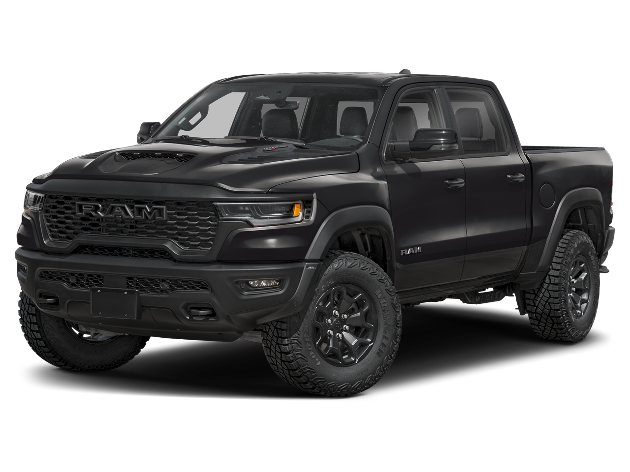 2026 RAM Ram 1500 RAM 1500 RHO CREW CAB 4X4 5'7' BOX in Diamond Black Crystal Pearl-Coat Exterior Paint — front three-quarter view